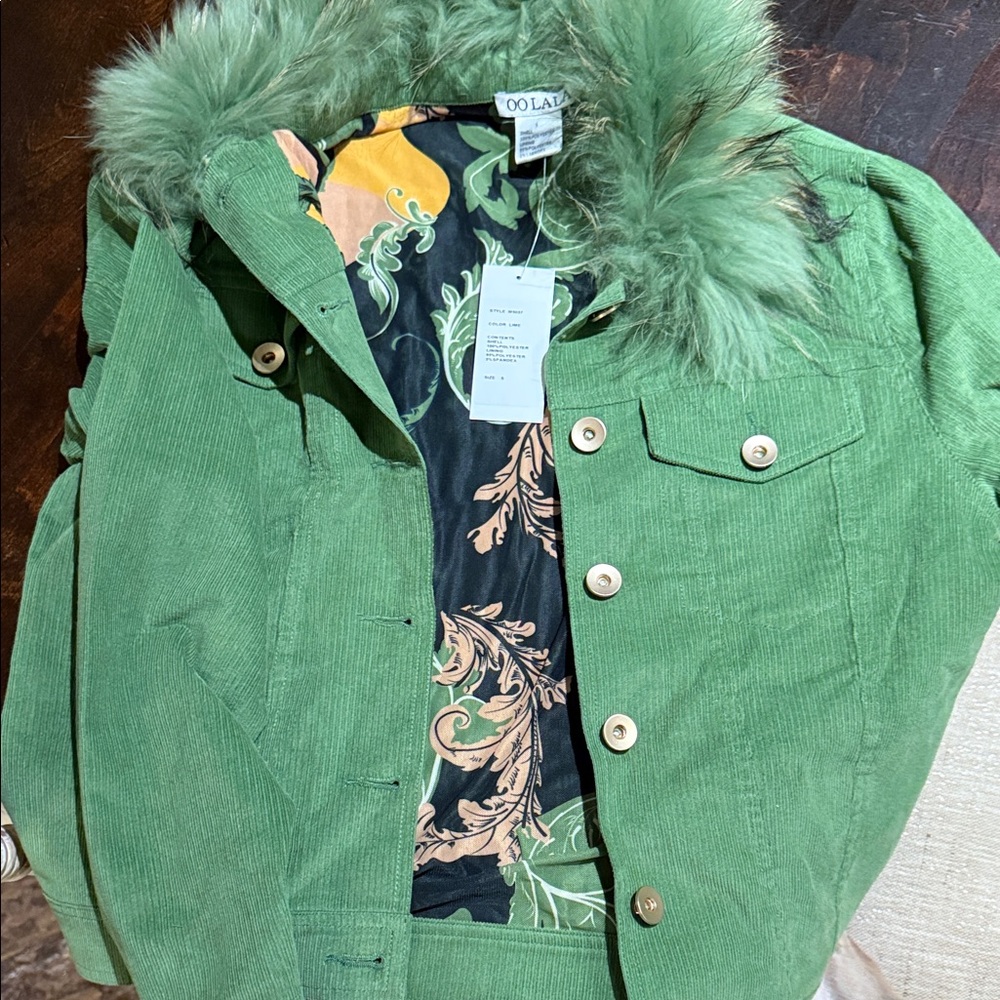 Green Genuine Fur Trim Corduroy Jacket
